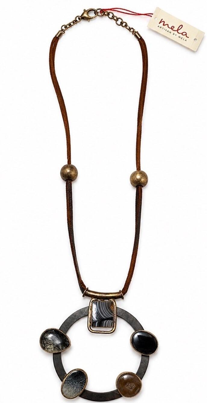 MELA ARTISANS STATEMENT NECKLACE MULTI STONE CIRCLE PENDANT BROWN CORD BOHO